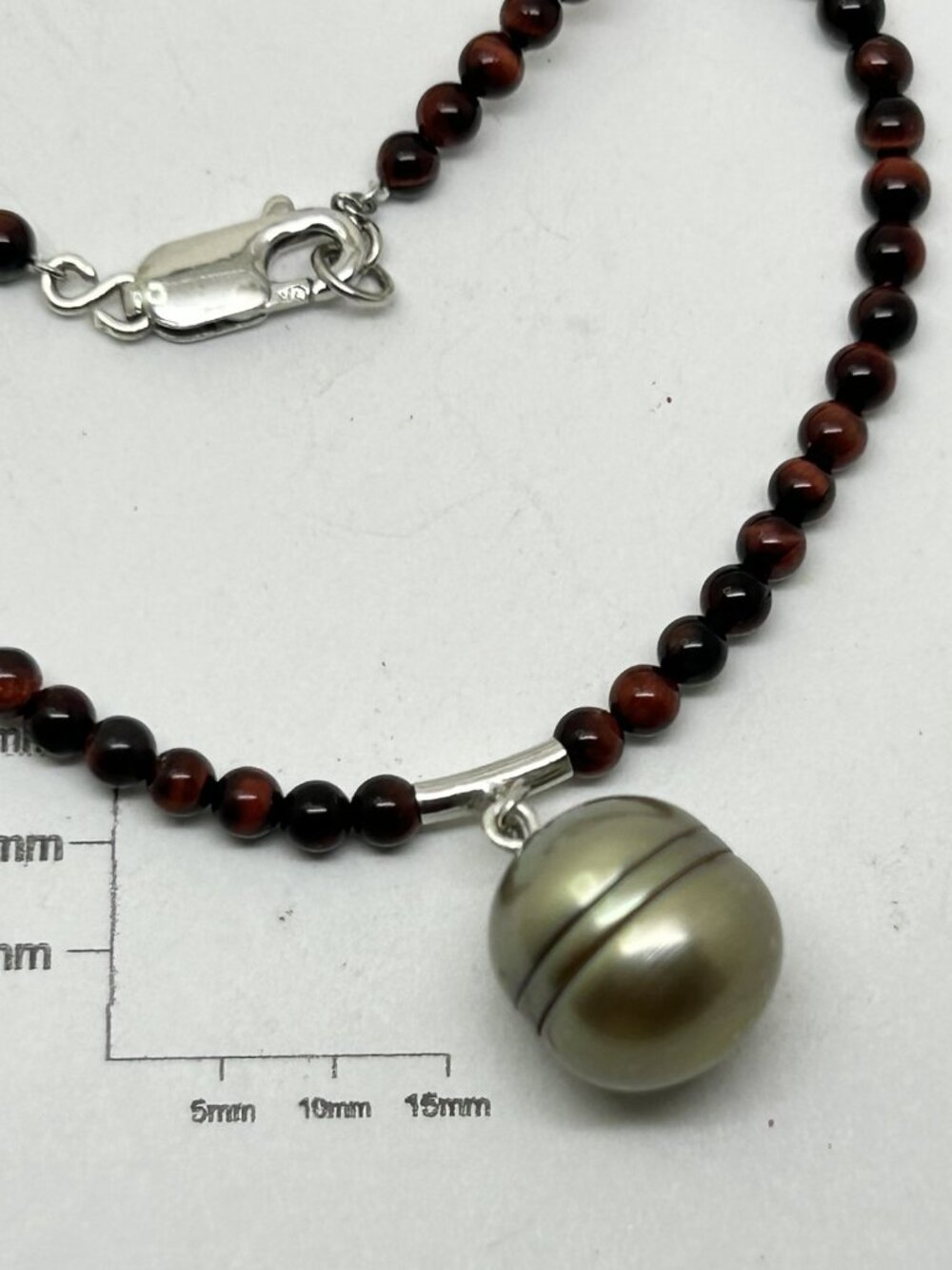 Burnt Red Tiger-Eye Gemstone Beads and Freshwater Pearl Necklace.